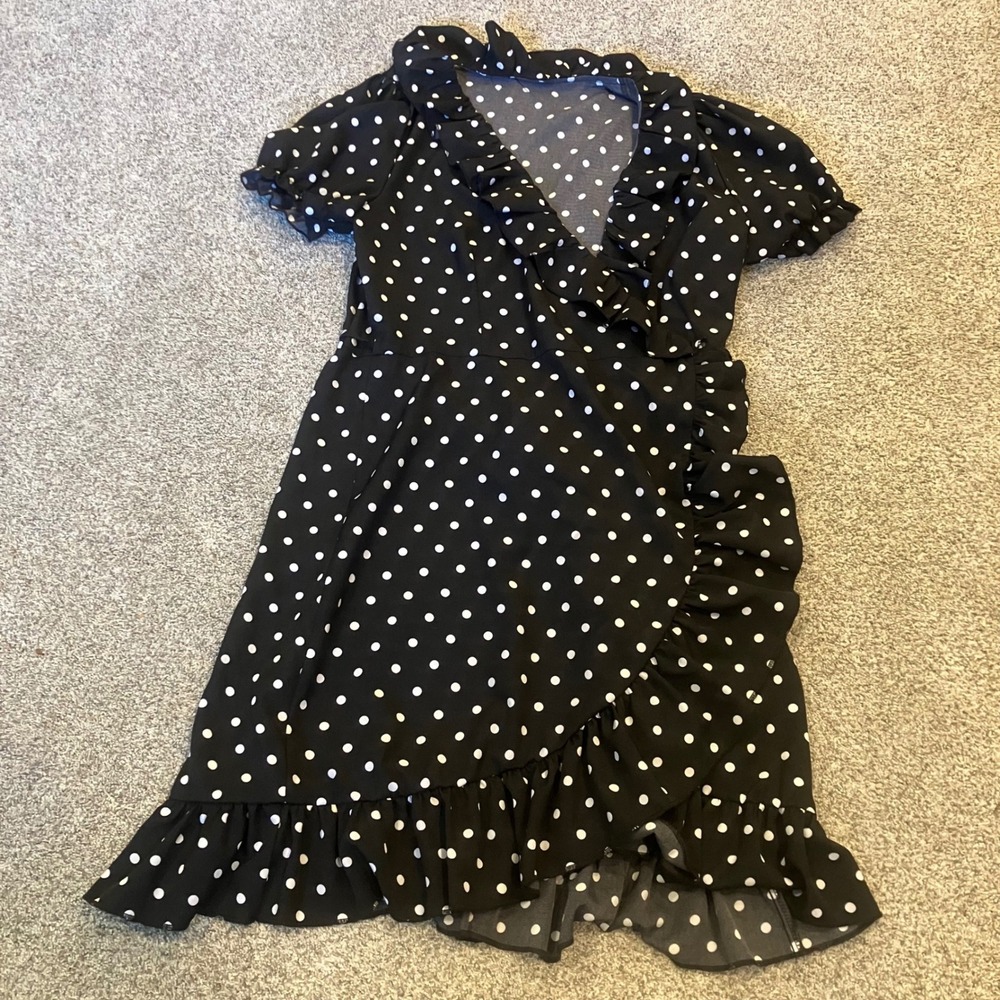 Womens Polka Dot Ruffle Wrap Dress L Black White Puff Sleeve Rockabilly Girly
